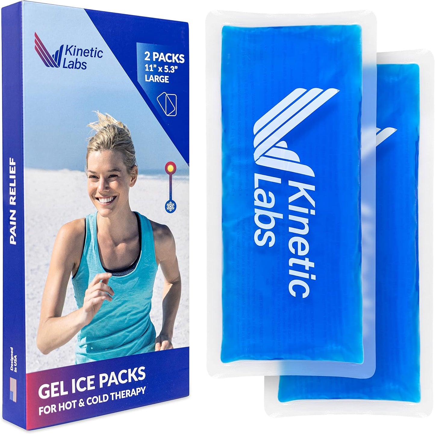 Reusable Gel Ice Packs for Injuries by Kinetic Labs (2 Pack) - Hot Cold Packs for Injuries 11" x 5.3" - Flexible Ice Packs for Back Head Knee Shoulder Neck Ankle Elbow Feet Headaches Surgery (Large)