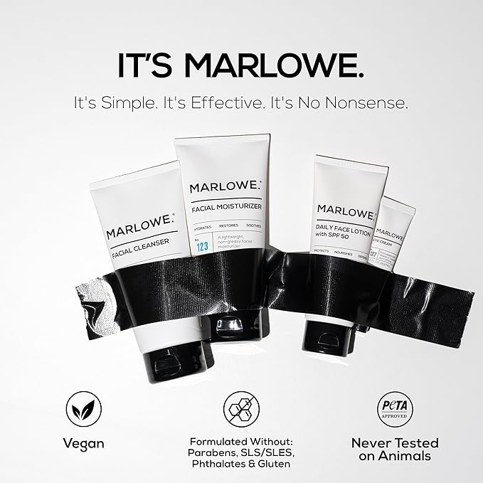 MARLOWE. Mens Skin Care Set, No. 204 Daily Essential Face Kit, No. 121 Facial Cleanser, No. 123 Facial Moisturizer, No. 127 Eye Cream, No. 128 Daily Face Lotion with SPF 50, Great Gift for Men