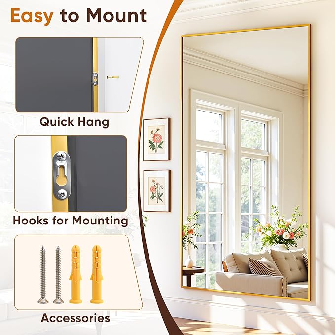 Suidia Full Length Mirror, 76"x34" Floor Mirror Freestanding, Rectangular Full Body Mirrors with Stand for Bedroom, Hanging Mounted for Living Room Cloakroom, Gold