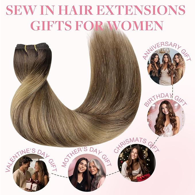 GOO GOO Sew in Hair Extensions Real Human Hair, Weft Hair Extensions Human Hair, 4D/14/5B Brunette Balayage 16inch 100g, Weft Bundles Straight Silky Remy Hair