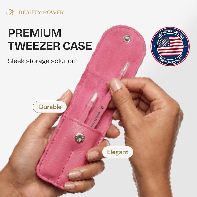 Professional Tweezers Set – Slant & Point, Ultra Precision German Stainless Steel Tweezers for Eyebrows, Chin, Ingrown Hair & Facial Grooming – Lightweight with Travel Case (Pink)