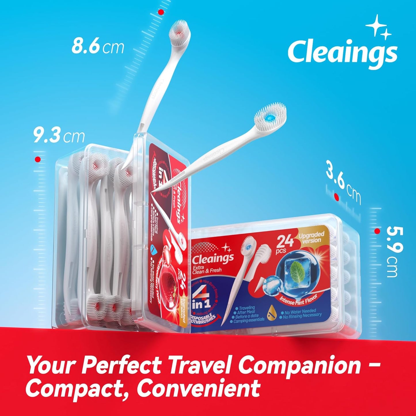 cleaings® Mini Disposable Toothbrush Set with Toothpaste – Travel Essentials, Portable Toothbrush for Women & Men, Camping, Road Trip, Vacation, 24 Count-Ice Strawberry Flavor（Pack of 1）