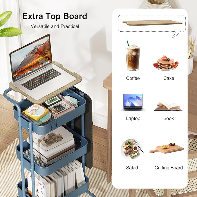 DTK 3 Tier Metal Utility Rolling Cart with Table Top and Side Bags, Metal Tray Storage Organizer Cart with Wheels, Art Craft Cart with 4 Hooks for Kitchen Bathroom Office Living Room (Blue)