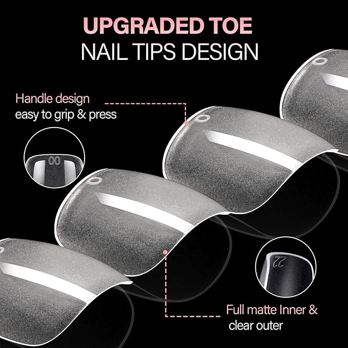 AILLSA 160Pcs 16 Sizes Short Squoval Toe Nail Tips, Pre-Etched Matte Clear Exterior Full Matte Interior Rigid Acrylic Press On Toenail Extensions for Petite Nails DIY & Salon Use