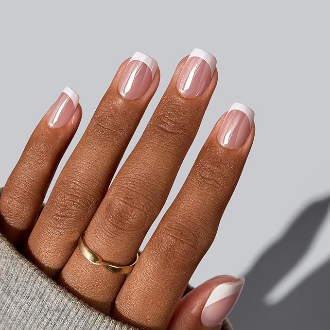 BTArtbox Press on Nails Short - White French Tip Press On Nails Square, Chrome Glazed Glue On Nails, Stick On Nails in 15 Sizes - 30 Soft Gel Fake Nail Kit, Be Elegant