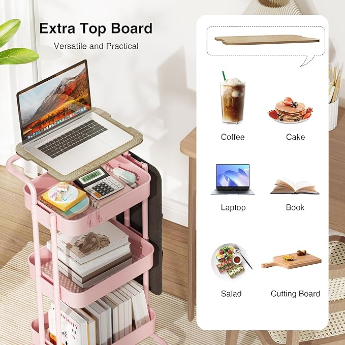 DTK 3-Tier Metal Utility Rolling Cart with Table Top and Side Bags, Art Craft Cart with 4 Hooks for Kitchen, Bathroom, Office, Living Room (Pink)