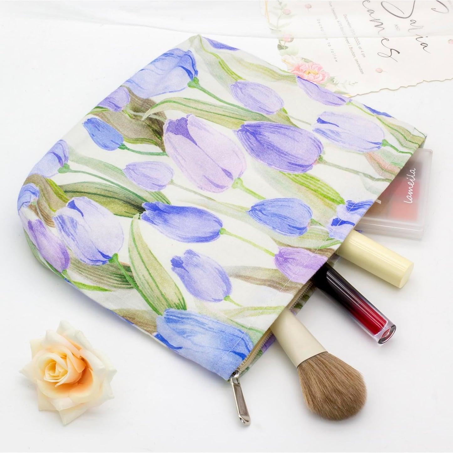 PAZIMIIK Floral Makeup Bag Large Cotton Zipper Pouch for Purse Travel Canvas Make Up Organizer for Women Cosmetic,Tulip Purple