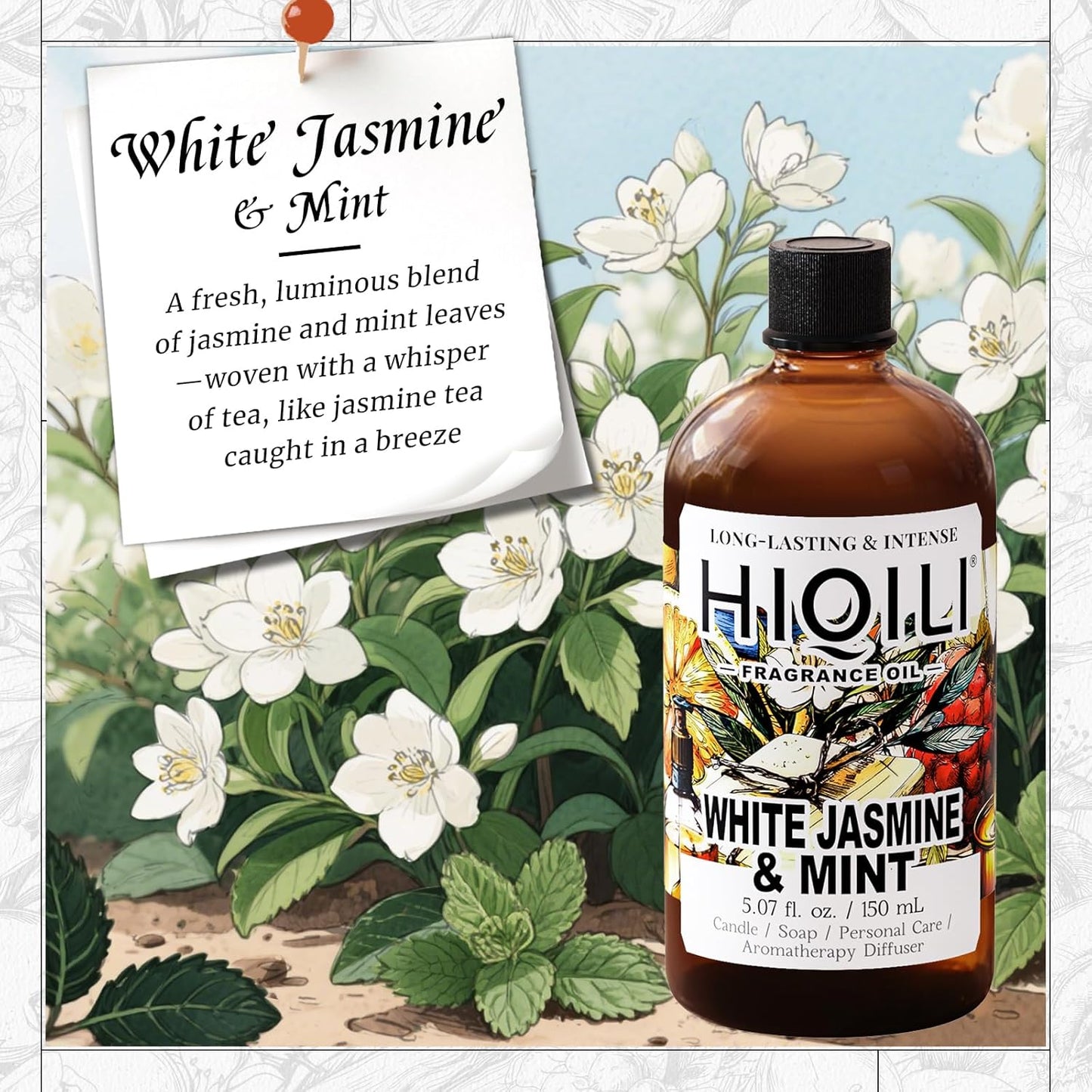 HIQILI White Jasmine & Mint Fragrance Oil for Diffuser, Candle, Soap & Perfume Making, Floral Herbal Scent with Fresh Tea Notes, Long-Lasting Scent - 5.07 Fl Oz