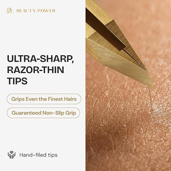 Professional Tweezers Set – Slant & Point, Ultra Precision German Stainless Steel Tweezers for Eyebrows, Chin, Ingrown Hair & Facial Grooming – Lightweight with Travel Case (Matte Gold)