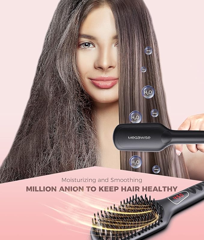 MEGAWISE Pro Ceramic Ionic Hair Straightener Brush for Home Salon | MCH Fast 20s Heating Tech with Auto-Off Safety | Anti-Scald with Universal Dual Voltage | Rotatable Power Cord (Black)