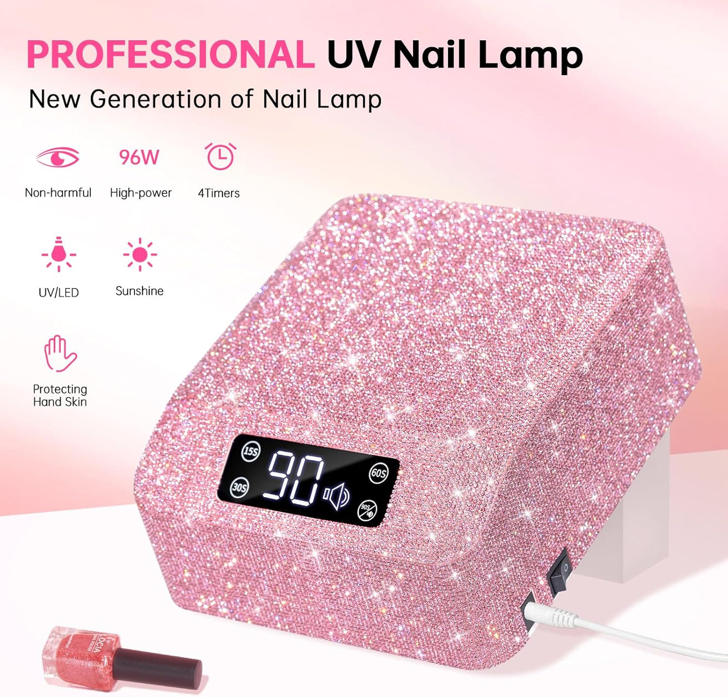 UV LED Nail Lamp 96W Plug-in Nail Dryer Sparkly Gel Polish Light 4 Timer Setting Professional Quick Dry Curing Lamp with Display Auto Sensor for Salon & Home
