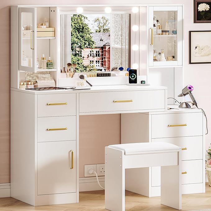 Makeup Vanity Desk with Mirror and Lights, 51" Makeup Vanity with Lights & Charging Station, Dressing Table Vanity Set for Bedroom, White Vanity Table with Cushioned Stool, 6 Drawers and 3 Cabinet