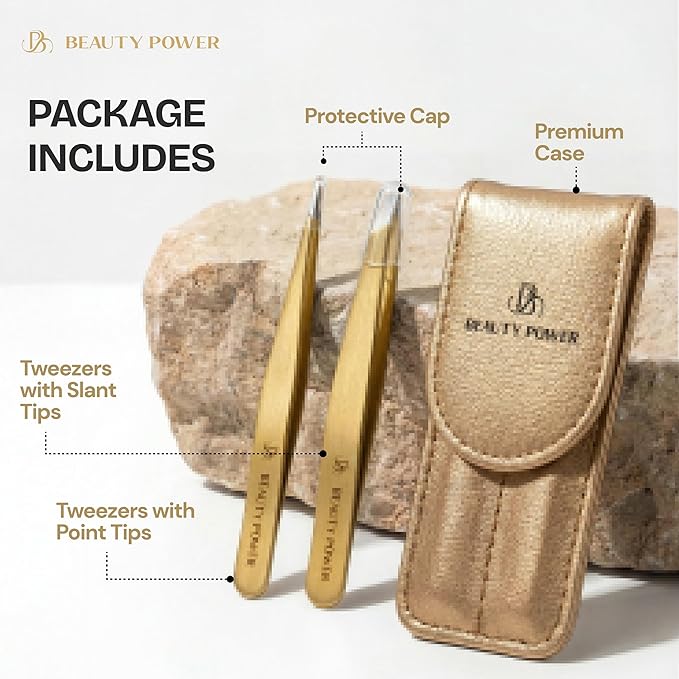 Professional Tweezers Set – Slant & Point, Ultra Precision German Stainless Steel Tweezers for Eyebrows, Chin, Ingrown Hair & Facial Grooming – Lightweight with Travel Case (Matte Gold)