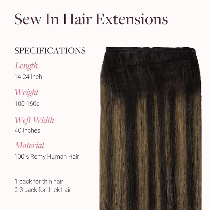 GOO GOO Sew in Hair Extensions Real Human Hair, Weft Hair Extensions Human Hair, 2/6/2 Balayage Dark Brown to Chestnut Brown 18inch 120g, Weft Bundles Straight Silky Remy Hair