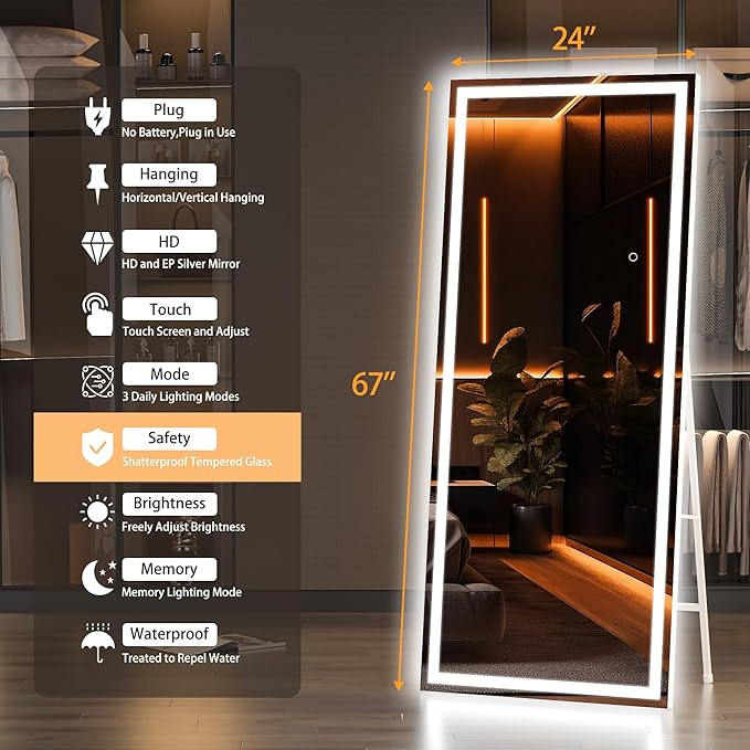 Hasipu Full Length Mirror with Lights, 67" x 24" LED Lighted Floor Standing, Full Body Dressing Hanging Mounted Mirror, Dimmable, Tempered Glass, Safe to Use, Square White
