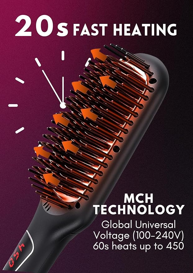 MEGAWISE Pro Ceramic Ionic Hair Straightener Brush for Home Salon | MCH Fast 20s Heating Tech with Auto-Off Safety | Anti-Scald with Universal Dual Voltage | Rotatable Power Cord (Black)