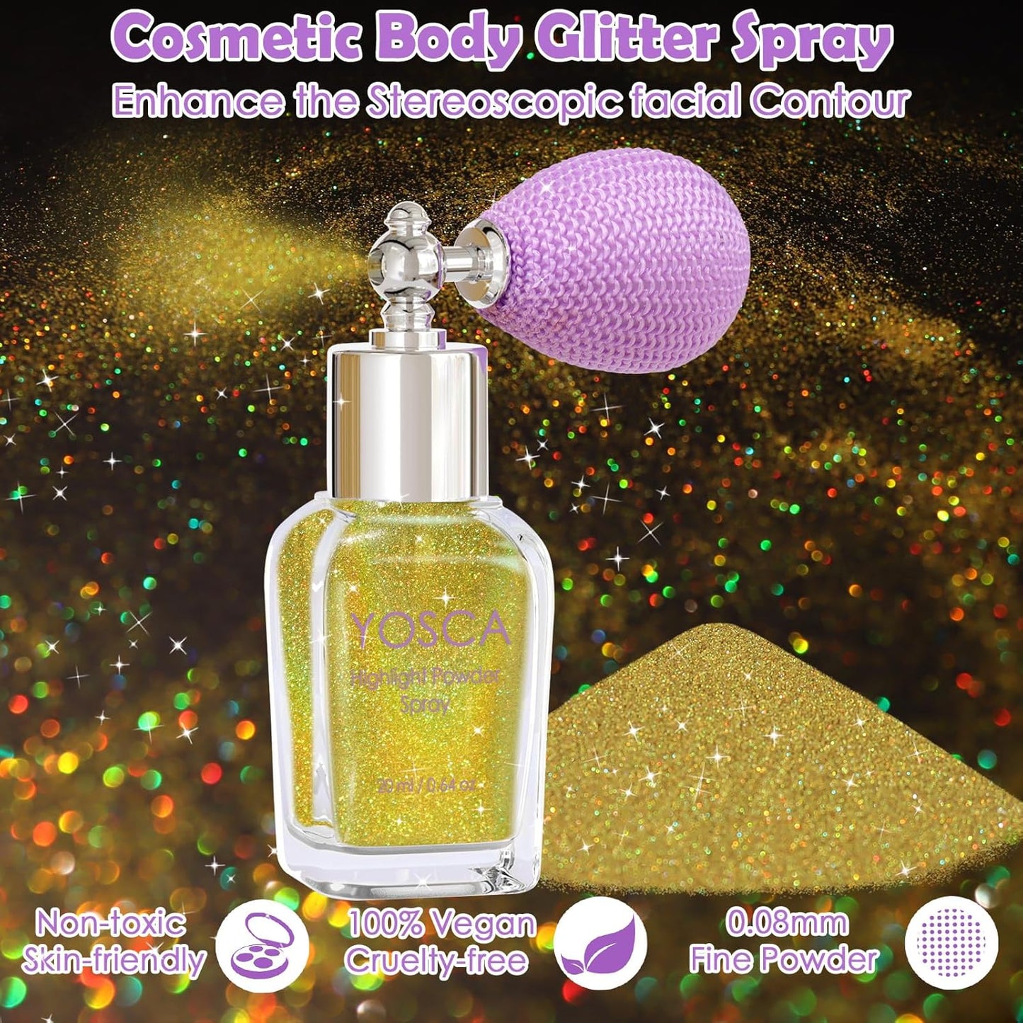 Yosca Body Glitter Spray, 30ML Loose Laser Body Shimmer Powder Holographic Hair Spray Gold Glitter Sparkle Highlighter Makeup Festival Concert Party Accessories for Rave Clothes Hair Face Nail Art