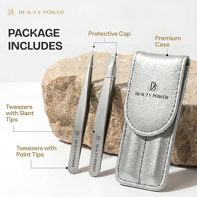 Professional Tweezers Set – Slant & Point, Ultra Precision German Stainless Steel Tweezers for Eyebrows, Chin, Ingrown Hair & Facial Grooming – Lightweight with Travel Case (Matte Grey)