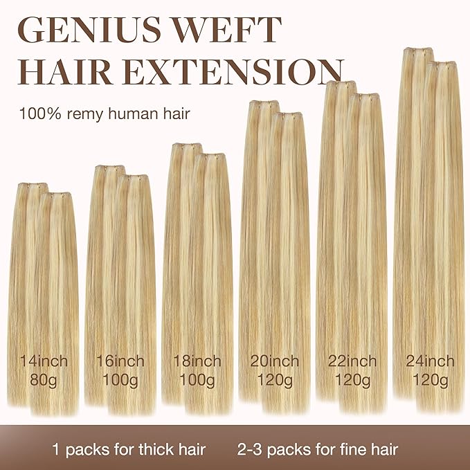 GOO GOO Genius Weft Hair Extensions Human Hair, Sew In Hair Extensions Rooted Remy Weft, 18D/22F Dirty Blonde Highlights 24inch 120g, Hand Tied Weft Hair Extensions