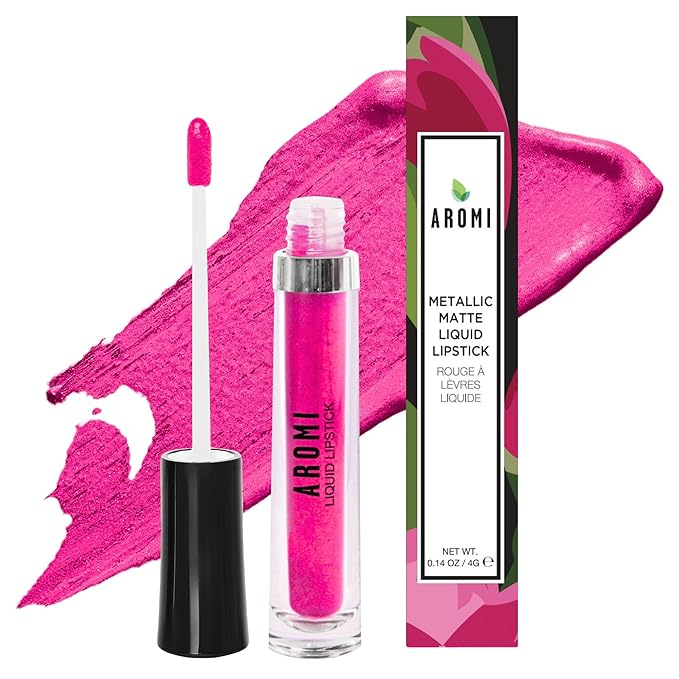 Aromi Hot Pink Metallic Liquid Lipstick | Magenta Lip Color with Shimmery Finish, Vegan, Cruelty-free, Long-Lasting and Smudge Proof (Fab Flamingo)