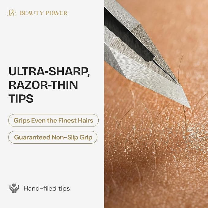 Professional Tweezers Set – Slant & Point, Ultra Precision German Stainless Steel Tweezers for Eyebrows, Chin, Ingrown Hair & Facial Grooming – Lightweight with Travel Case (Matte Grey)