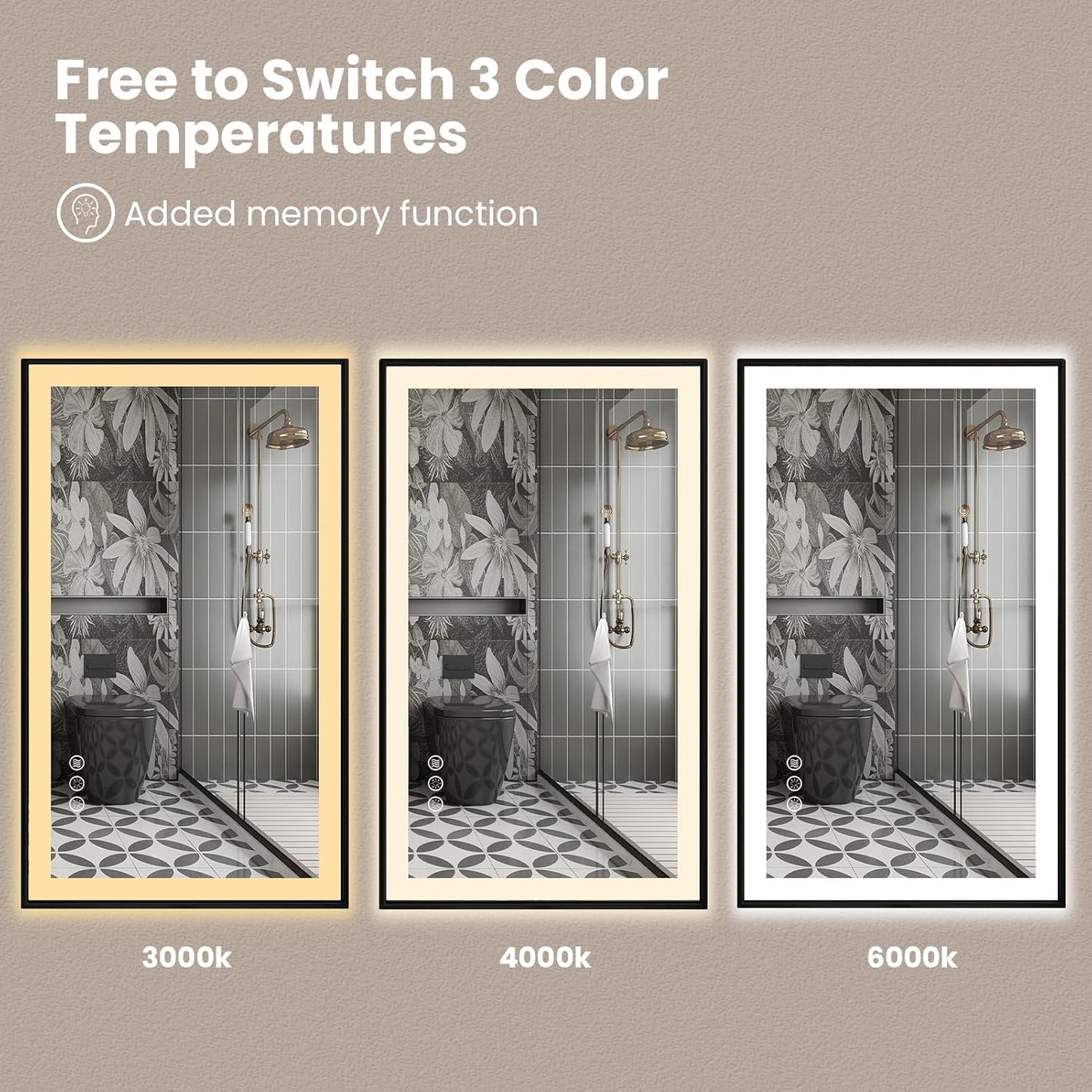 Amorho 60" X36" LED Bathroom Mirror with Black Frame, Front Light and Backlit(Controlled Separately), Stepless Dimmable, Anti-Fog, Shatter-Proof, 3 Colors, Memory