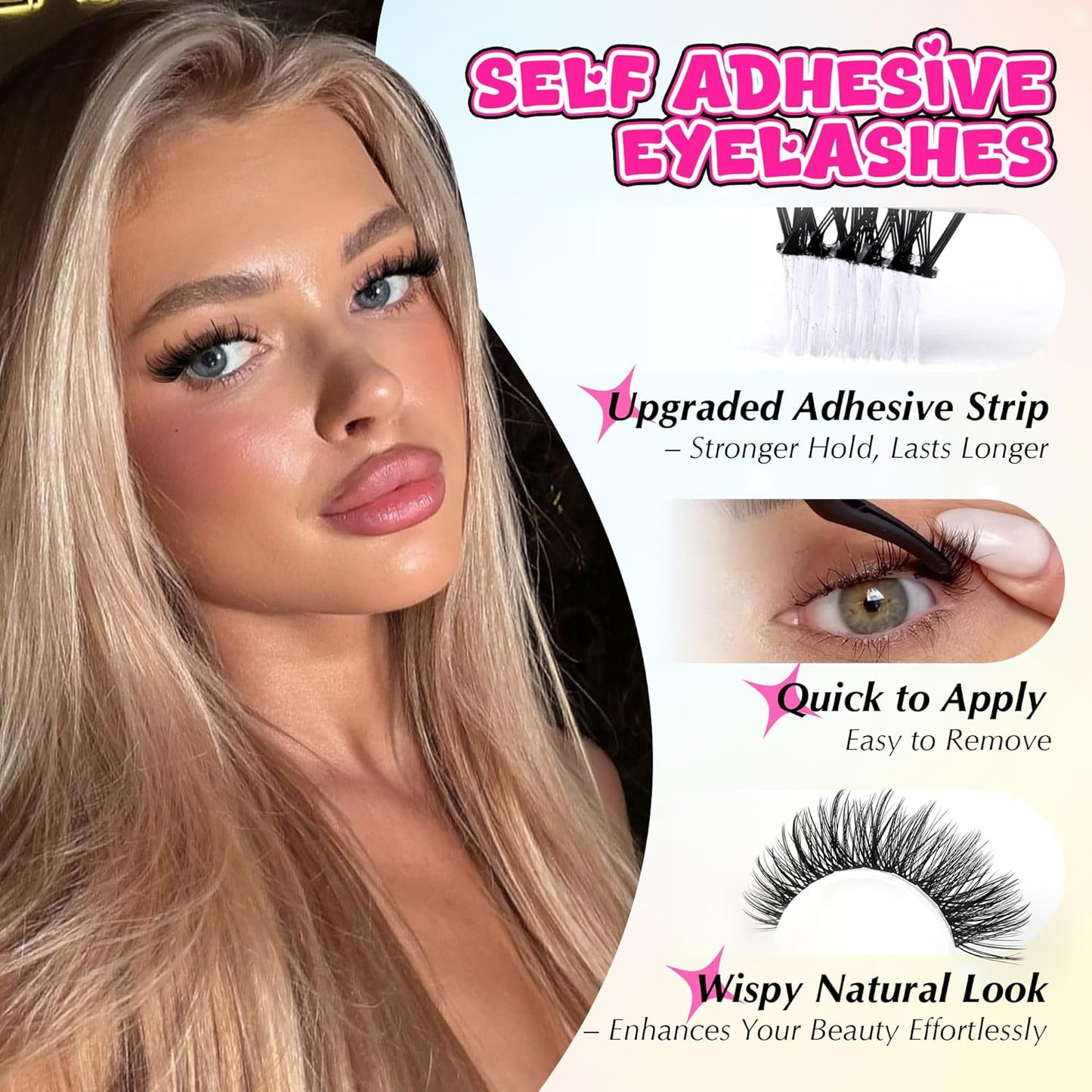 Self Adhesive Eyelashes Wispy Self Adhesive Lash Clusters Natural Lashes Clusters Pre Glued Eyelash Clusters C Curl Cluster Eyelash Extensions Press on Lashes No Glue Needed Reusable 10-16mm