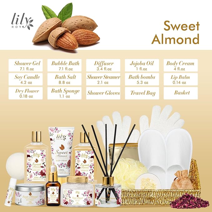 Valentines Day Gifts Spa Gift Basket Set for Women 17-Piece Almond Luxury Spa Gift Set Bath & Body Care Kit with Shower Gel | Christmas, Mothers Day Gift for Mom, Birthday Gifts for Her, Wife, Mom