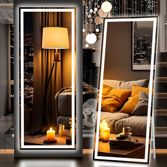 Hasipu Full Length Mirror with Lights, 67" x 24" LED Lighted Floor Standing, Full Body Dressing Hanging Mounted Mirror, Dimmable, Tempered Glass, Safe to Use, Square White