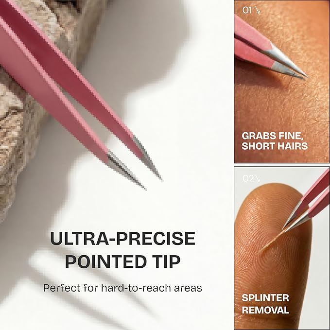 Professional Tweezers Set – Slant & Point, Ultra Precision German Stainless Steel Tweezers for Eyebrows, Chin, Ingrown Hair & Facial Grooming – Lightweight with Travel Case (Pink)