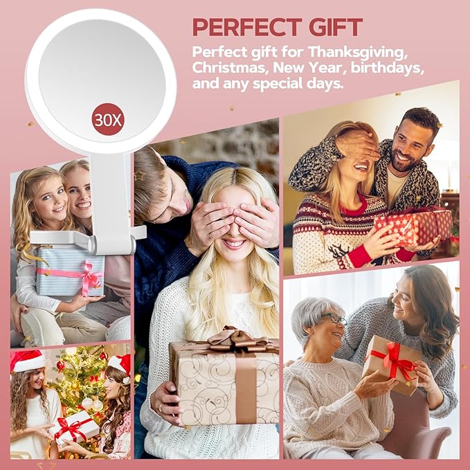 MIYADIVA Lighted Makeup Mirror, 30X Magnifying Mirror with Light and Adjustable Brightness, Hanging and Handheld Mirror with Handle, Portable Travel Makeup Mirror with Lights, Vanity Mirrors for Women