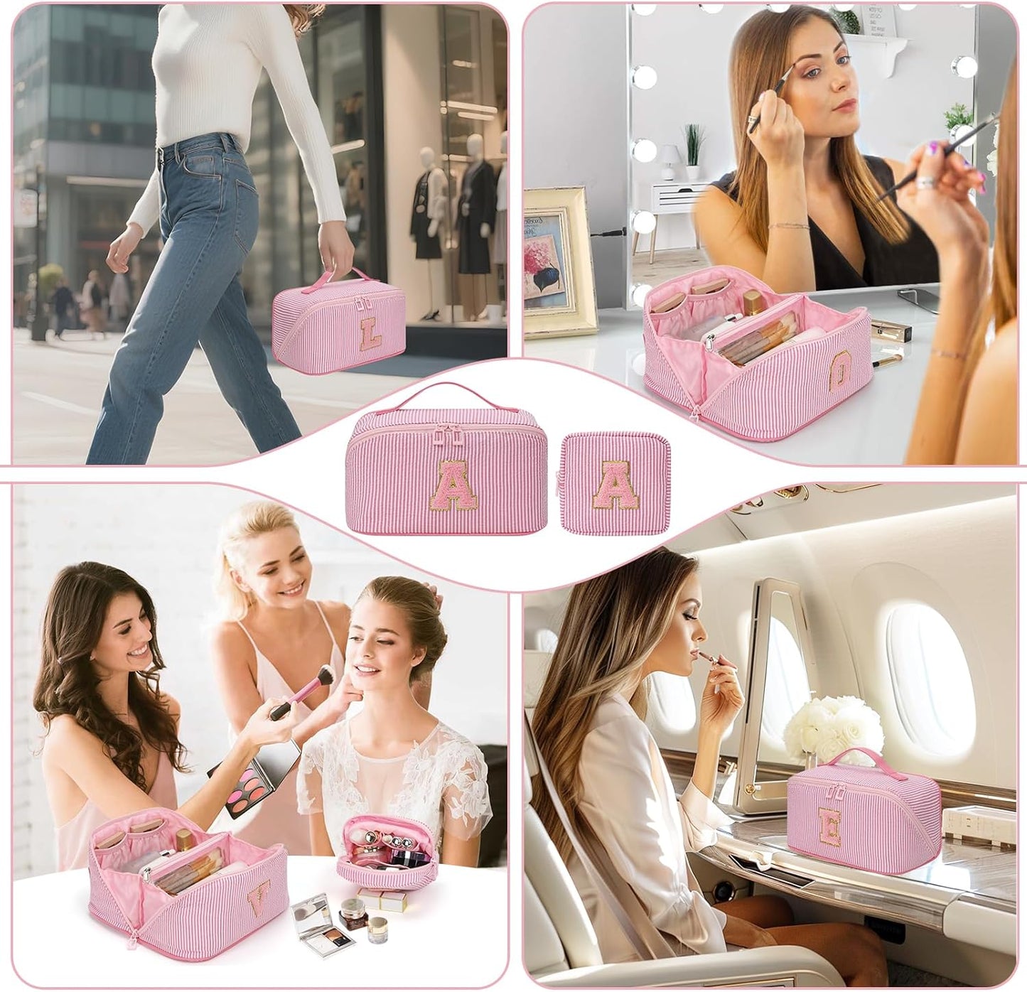 Travel Makeup Bag for Women, 2Pcs Portable Personalized Initial Makeup Organizer Bag, Open Flat Large Cosmetic Bag With Travel Essential Pouch (Pink Letter Q)