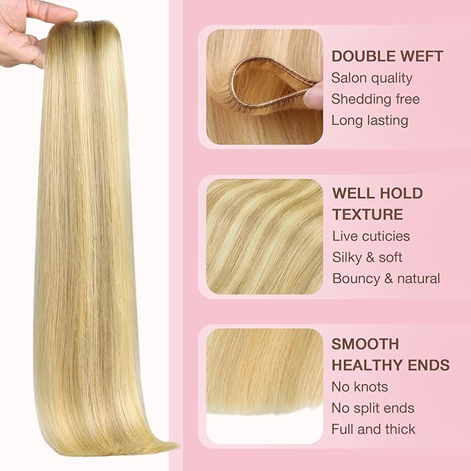 GOO GOO Sew in Hair Extensions Real Human Hair, Weft Hair Extensions Human Hair, 18D/22F Dirty Blonde Highlights 24inch 120g, Weft Bundles Straight Silky Remy Hair