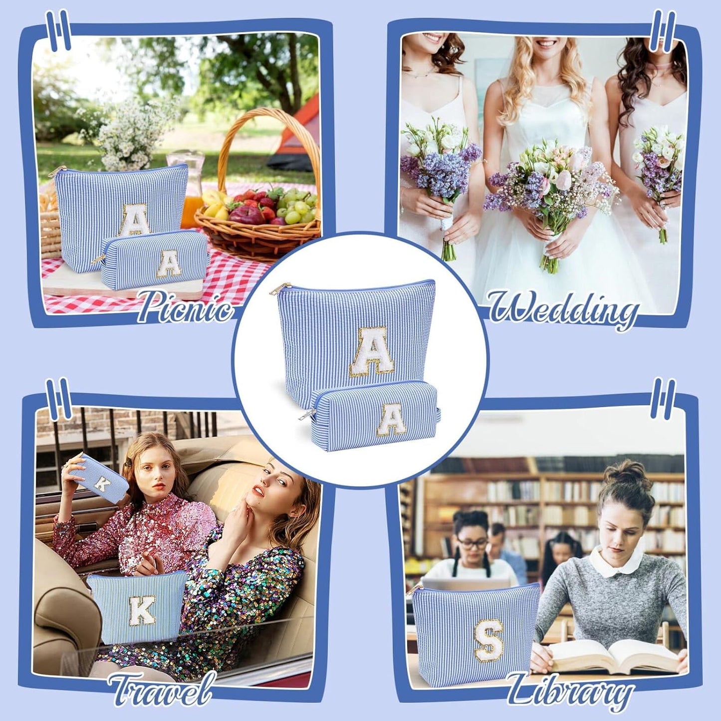 YOOLIFE Cute What Makes Up Bag - Blue Cotton Travel Essentials Cosmetic Beauty Graduation Engagement Personalized Thank You Gift For Women, Friend, Sister