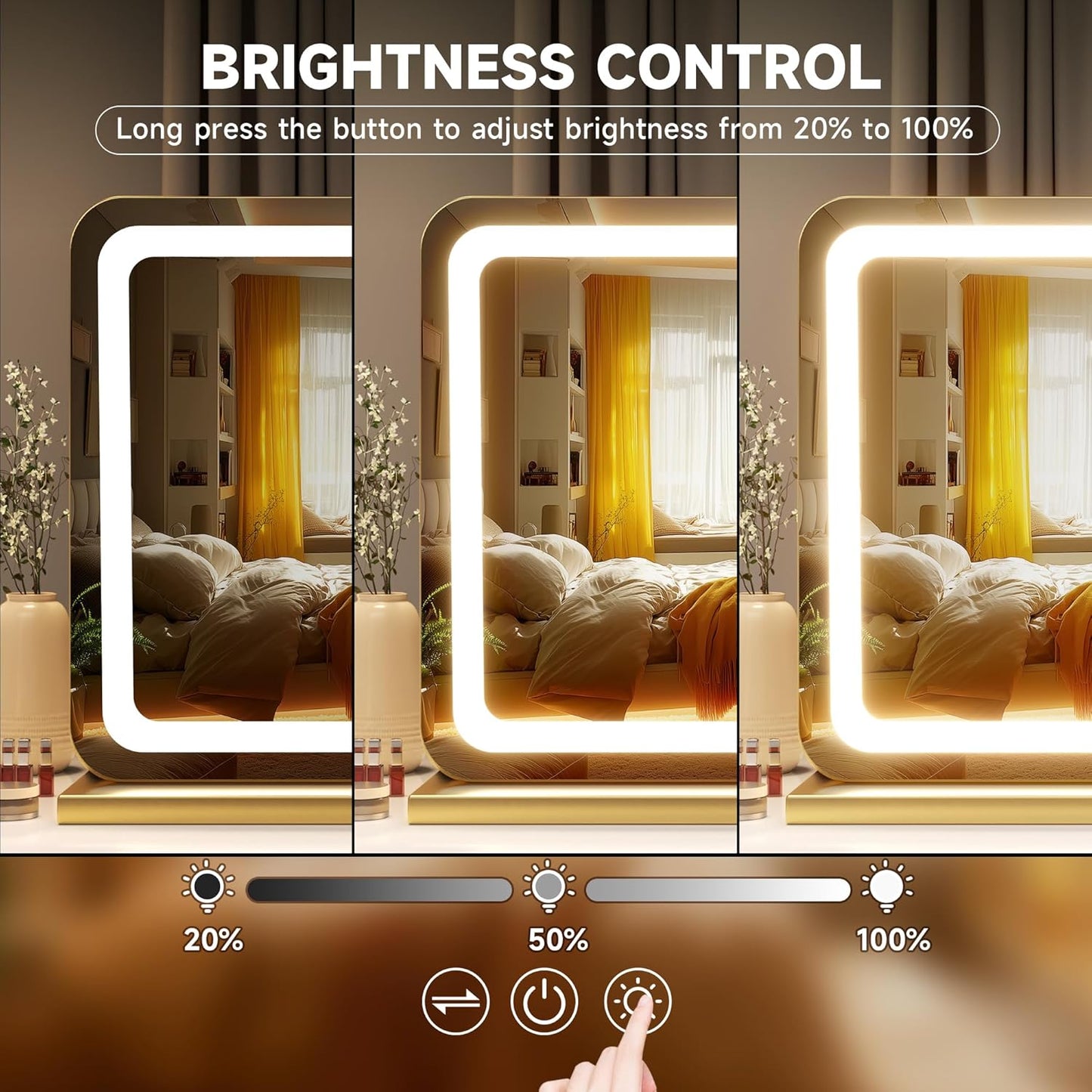 Hasipu Vanity Mirror with Lights, 27.6" x 20" LED Makeup Mirror, Lighted Makeup Mirror with Dimmable 3 Modes, Touch Screen Control Vanity Mirror Round Gold