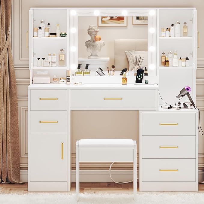 Makeup Vanity Desk with Mirror and Lights, 51" Makeup Vanity with Lights & Charging Station, Dressing Table Vanity Set for Bedroom, White Vanity Table with Cushioned Stool, 6 Drawers and 3 Cabinet