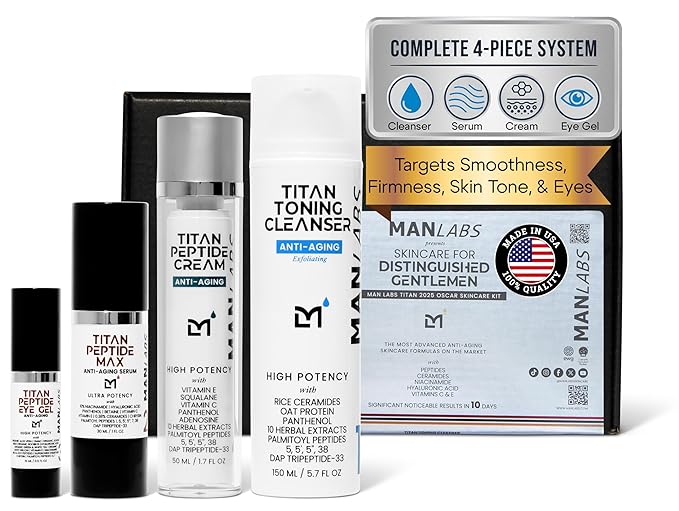 Titan Peptide 4-Piece Anti-Aging Mens Skin Care Kit – Wash, Face Serum, Eye Cream, Mens Face Moisturizer – Skin Care for Men – Dark Circles, Wrinkles, Fine Lines – Vitamin C, Niacinamide, HA