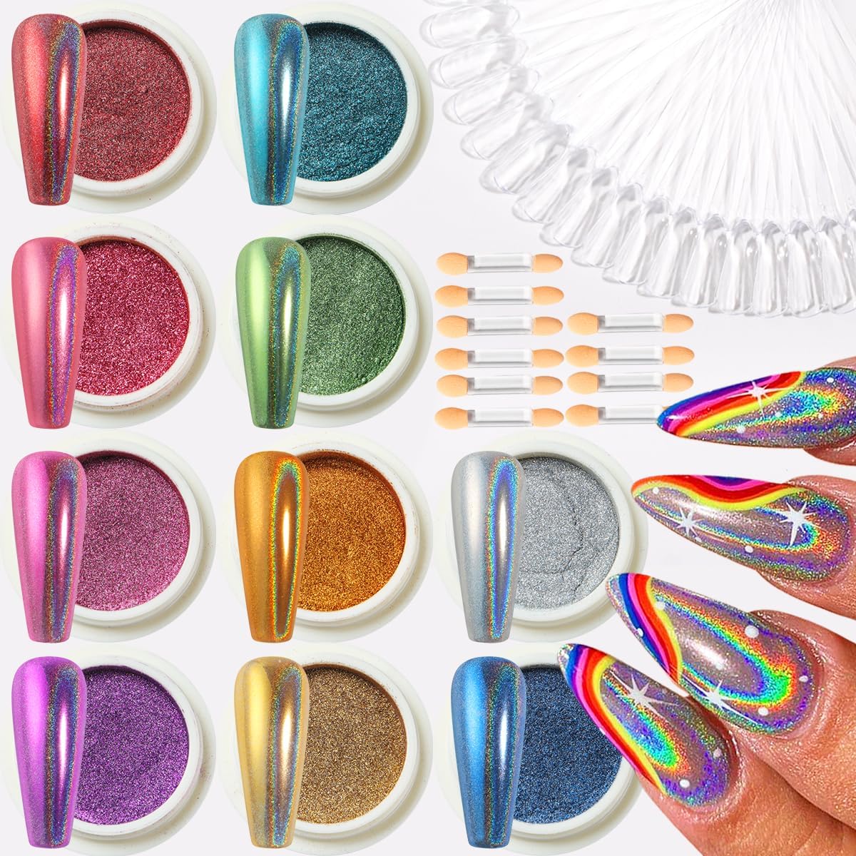 10 Colors Holographic Laser Nail Powder, Holo Aurora Iridescent Metallic Mirror Laser Effect Chrome Pigment Glitter Dust for Nail Art DIY Decorations, Sponge Tool/10PCS, Nail Swatch Sticks/24PCS