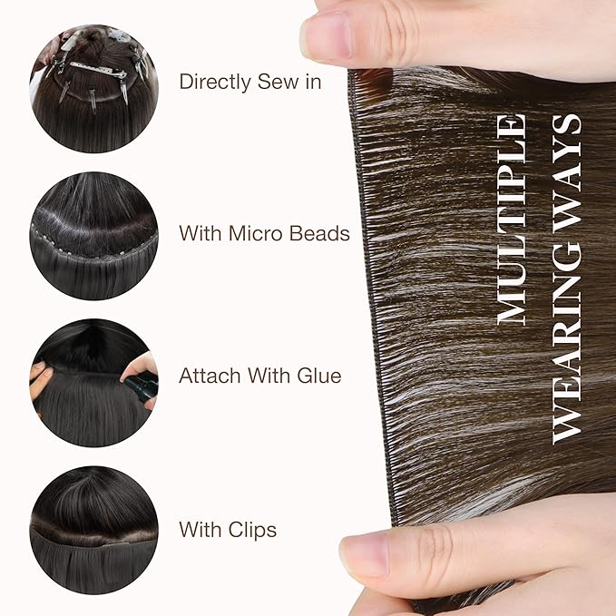 GOO GOO Genius Human Hair Extensions - Sew In Rooted Remy Weft, 4A Chocolate Brown 18 Inch 50g, Hand Tied