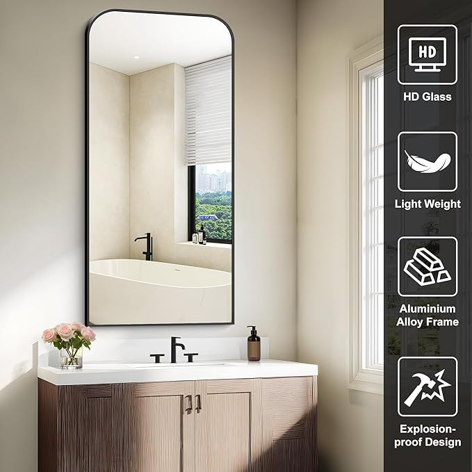 Bathroom Mirror, 24x48 inch Black Rectangle Wall Mounted Mirror with Thin Frame, Bathroom Vanity Mirrors for Over Sink, Entryway, Living Room, Bedroom