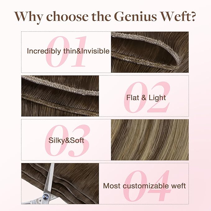 GOO GOO Genius Weft Hair Extensions Human Hair, Sew In Hair Extensions Rooted Remy Weft, 4/26/4 Balayage Chocolate Brown to Honey Blonde 18inch 50g, Hand Tied Weft Hair Extensions