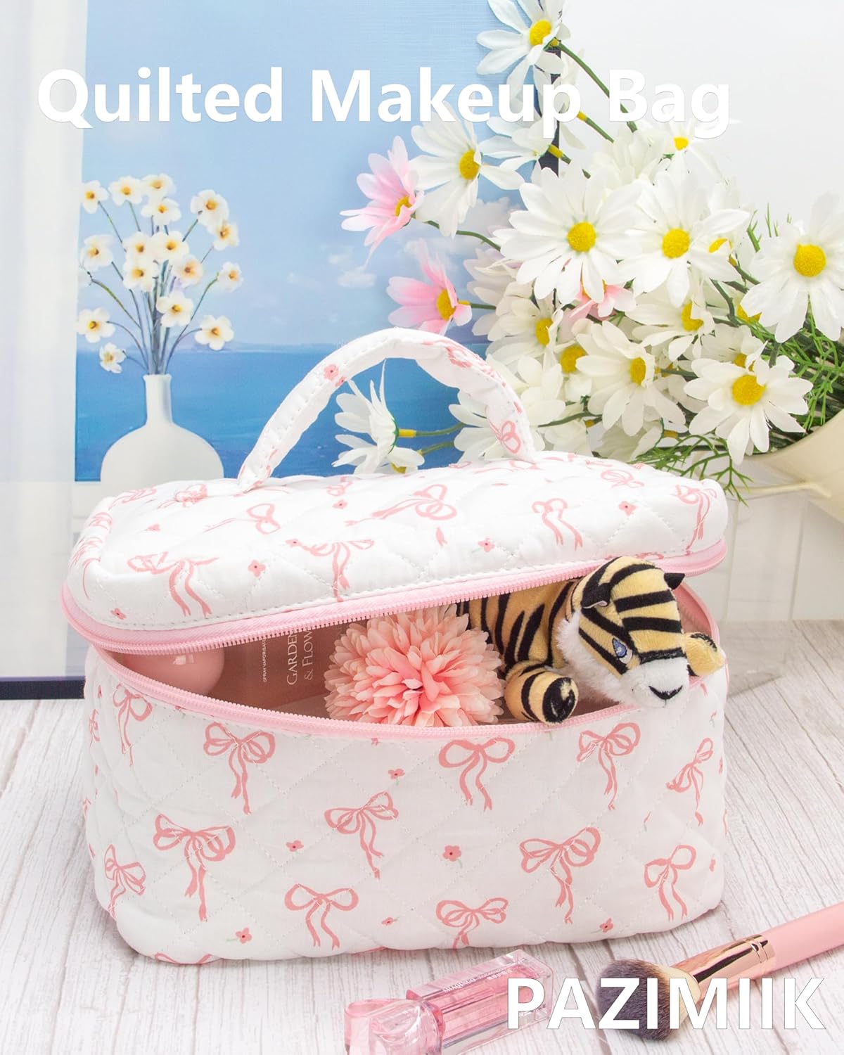 Quilted Makeup Bag Large Travel Zipper Soft Cosmetic Case for Women Girls Make Up,Bow Pink