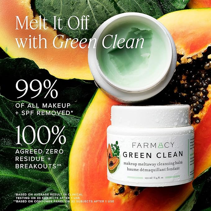 Farmacy Makeup Remover Cleansing Balm - Green Clean Waterproof Makeup Remover Balm + Oil Cleanser for Face - Gently Melts Make Up + SPF - Hydrates + Softens Skin with Super Greens + Papaya (12ml)