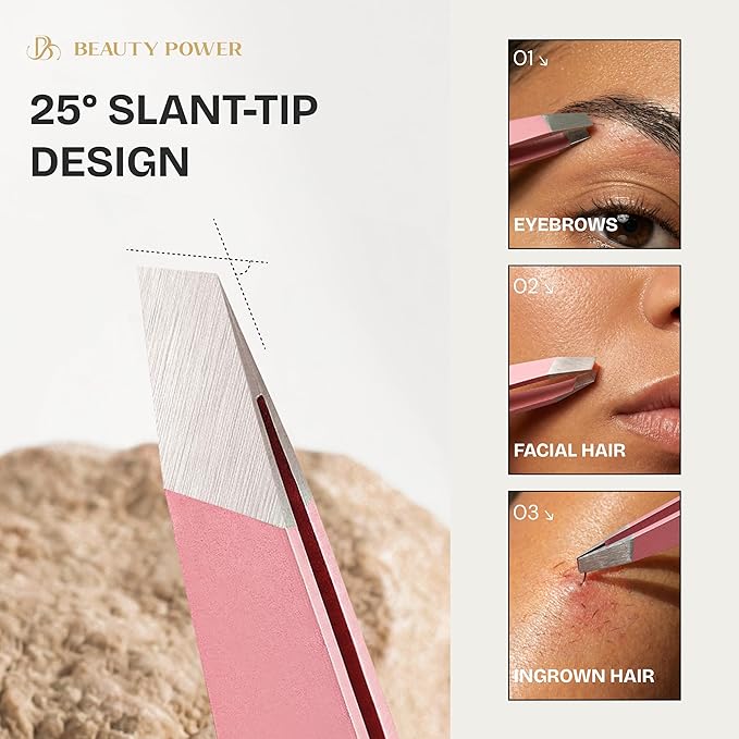 Professional Tweezers Set – Slant & Point, Ultra Precision German Stainless Steel Tweezers for Eyebrows, Chin, Ingrown Hair & Facial Grooming – Lightweight with Travel Case (Pink)