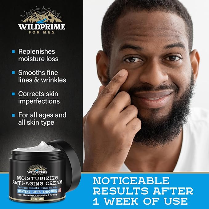 Men's Face Moisturizer Cream - Anti Aging & Wrinkle - Men's Shave Lotion - Made in USA - Collagen, Hyaluronic Acid, Vitamins E & A, Avocado Oil - Age Facial Skin Care, Day & Night Moisturizing, 2 oz