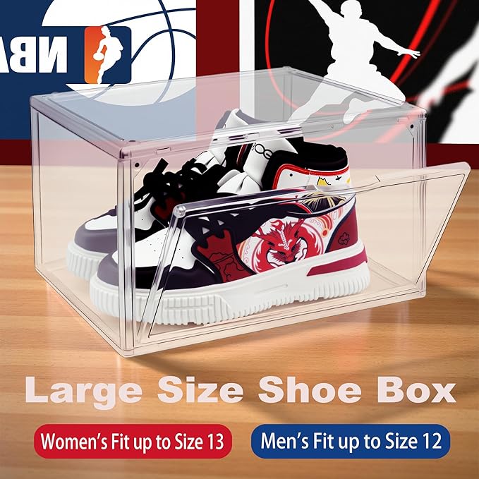 1 Pack Clear Shoe Box, Acrylic Sneaker Display Case Size 12.5, Transparent Storage Box with Magnetic Door, Showcase for Cosmetic, Displays, Action Figures Collectibles, Size 12.5 for Men Women Shoes