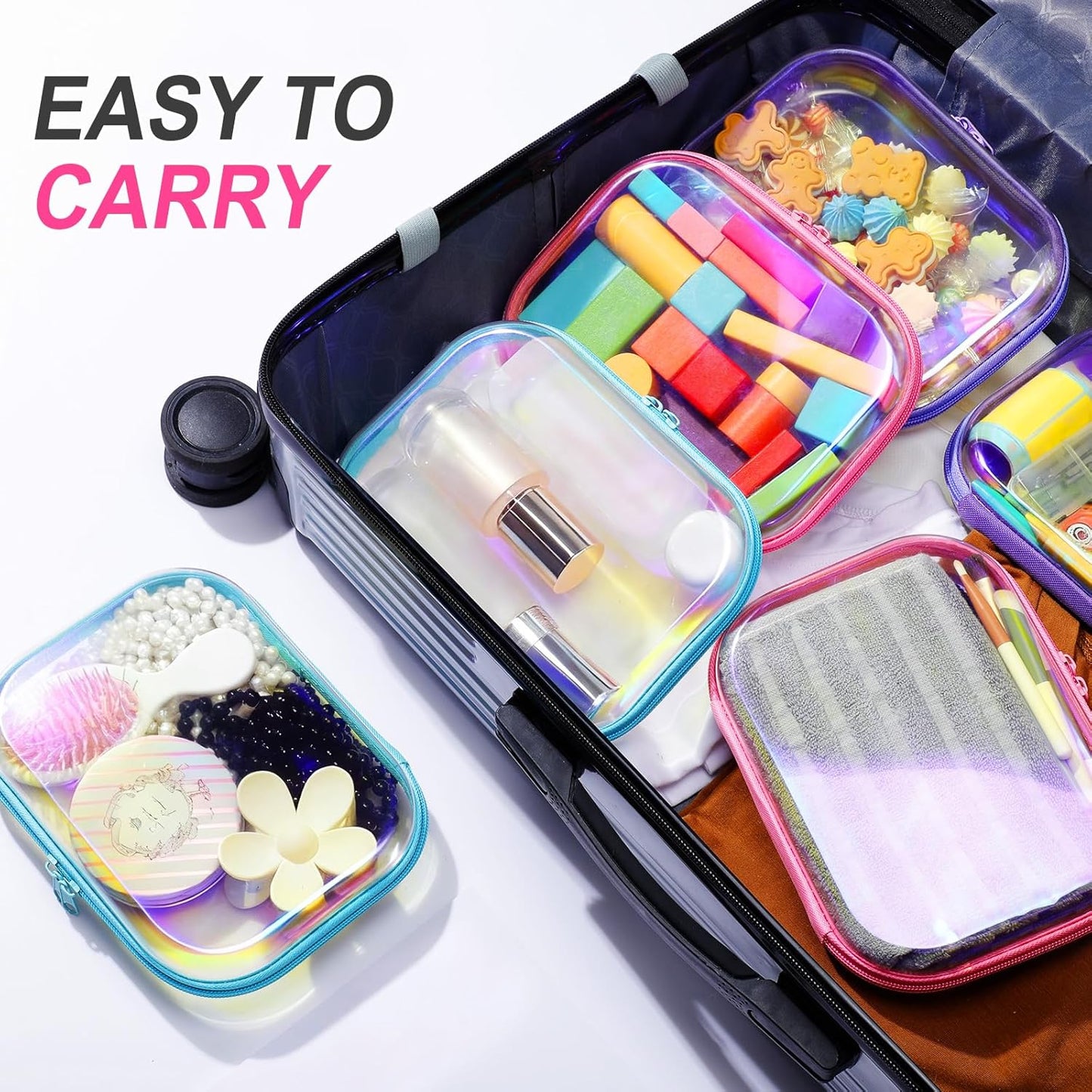 Sanwuta 6 Pcs Clear Hard Zipper Case Pencil Pouches Hard Plastic Zipper Pouches Makeup Bag Transparent Cases for Snacks Plastic Storage Organizer Box for Travel(Holographic,7.87 x 5.9 x 2 Inch)