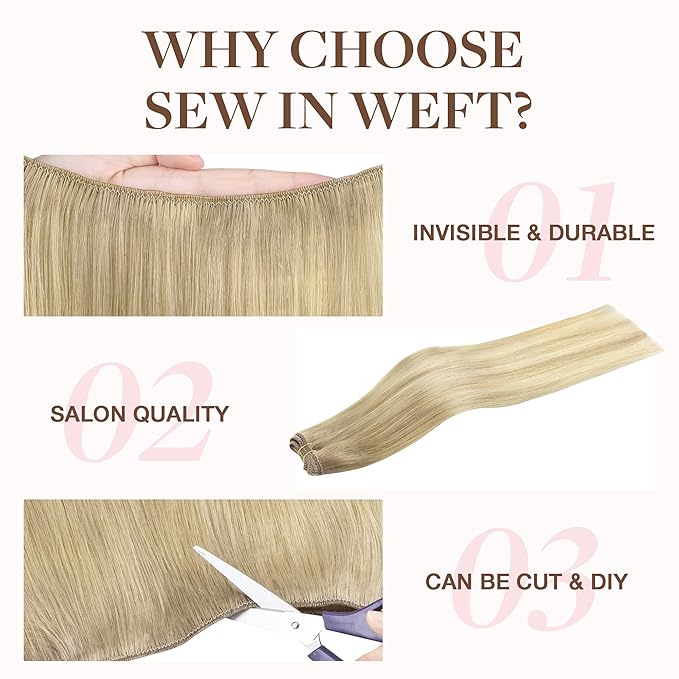 GOO GOO Sew in Hair Extensions Real Human Hair, Weft Hair Extensions Human Hair, 18ET90A Natural Blonde Balayage 24inch 120g, Weft Bundles Straight Silky Remy Hair