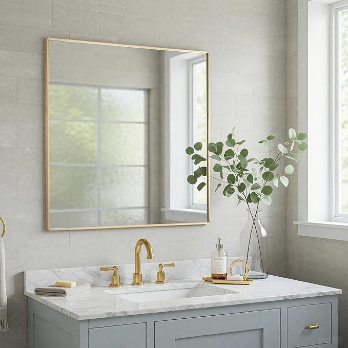 30x30 Inch Gold Bathroom Mirror - Copper-Free Mirror, Aluminum Alloy Frame Vanity Rectangle Wall Mounted Modern Mirror for Bedroom/Living Room/Porch Horizontal or Vertical