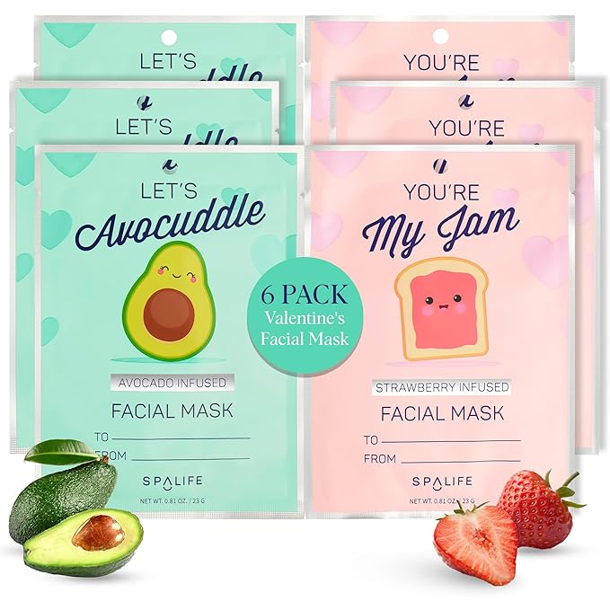 SpaLife Let’s Avocuddle & You're My Jam Valentines Face Masks Bundle | Avocado and Strawberry Extract Infused Sheet Mask Sets for Hydration and Glow | Perfect Valentines Day Skincare Gift Set.